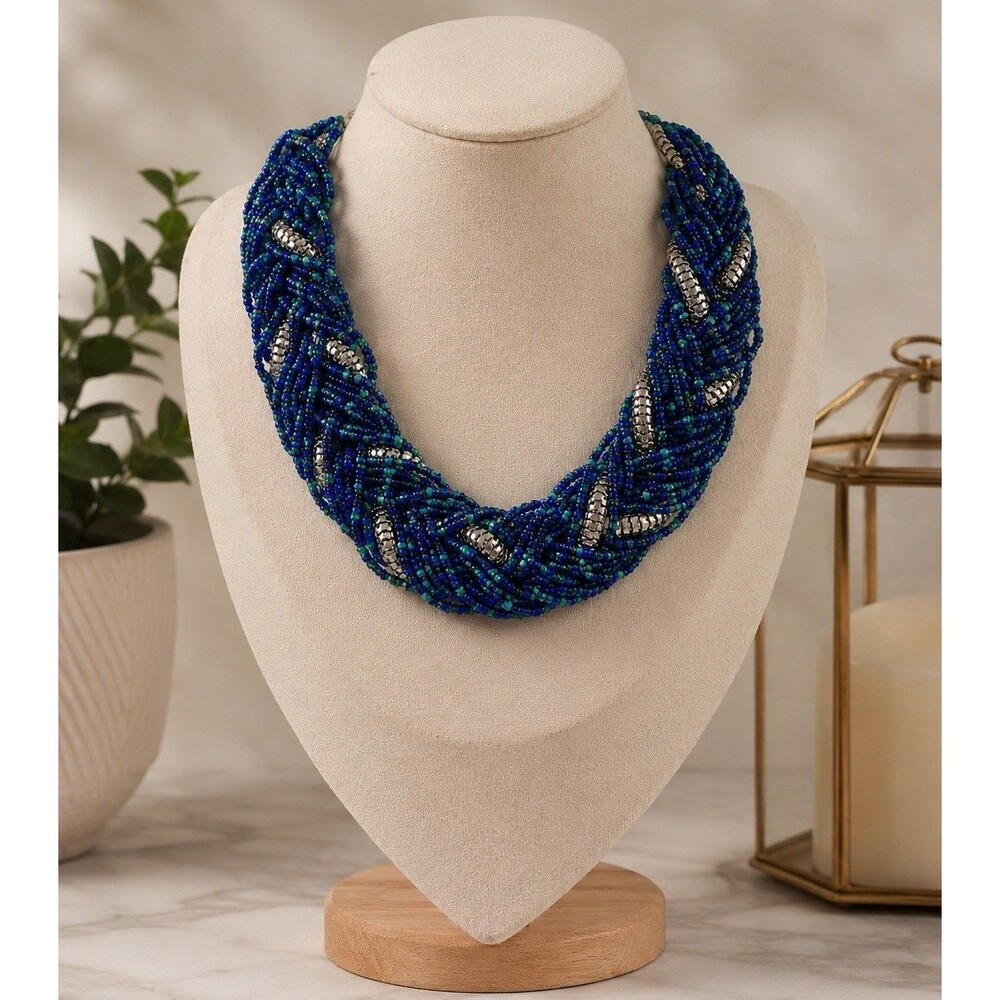 Vintage Braided Seed Bead Necklace Blue Turquoise Silver Tone Statement Collar